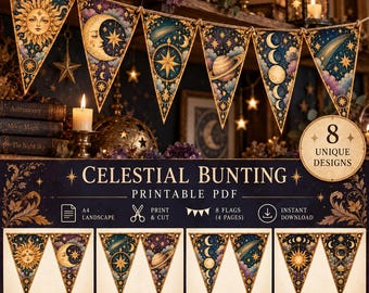 May include: A printable PDF celestial bunting set featuring 8 unique triangular flag designs with gold and blue illustrations of suns, moons, planets, stars, and comets. The digital file includes 4 pages of A4 landscape sheets.