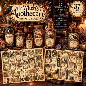 May include: A collection of printable labels titled The Witch's Apothecary, featuring 37 decorative designs with illustrations of crows, mushrooms, and celestial motifs. The set includes two A4 sheets of labels for glass bottles and jars.