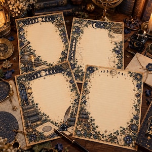 May include: Four rectangular sheets of cream-colored lined stationery paper featuring intricate celestial borders. The decorative frames include illustrations of moon phases, stars, telescopes, globes, stacked books, and blue floral vines.