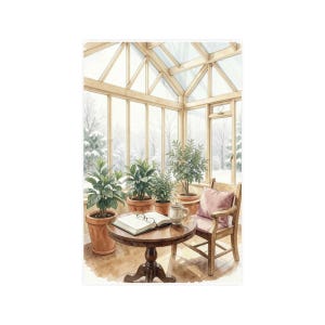 Pode incluir: Uma ilustração em aguarela de uma marquise com uma mesa de madeira, uma cadeira com uma almofada rosa e várias plantas verdes em vasos. Um livro aberto com óculos nas páginas e uma caneca de cerâmica estão sobre a mesa redonda.