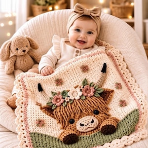 Modèle de couverture bébé vache des Highlands au crochet (PDF), modèle débutant, cadeau de naissance, téléchargement instantané.