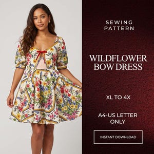 May include: A sewing pattern for a Wildflower Bow Dress in sizes XL to 4X, featuring a cream-colored dress with a vibrant floral print, puff sleeves, a sweetheart neckline, and a red bow detail at the center chest. Text includes SEWING PATTERN, WILDFLOWER BOW DRESS, XL TO 4X, A4-US LETTER ONLY, and INSTANT DOWNLOAD.