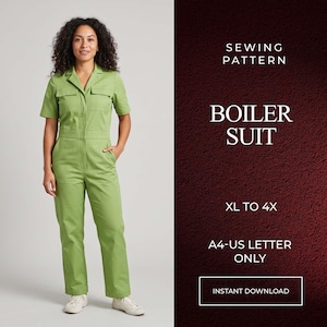 May include: A light green boiler suit with a collared neckline, short sleeves, and two chest pockets. The text reads: SEWING PATTERN, BOILER SUIT, XL TO 4X, A4-US LETTER ONLY, INSTANT DOWNLOAD. The garment features a button-down front closure.