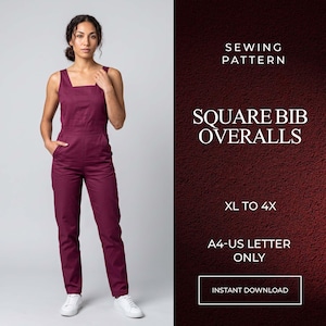 Może przedstawiać: Wykrój krawiecki na ogrodniczki z kwadratowym karczkiem w rozmiarach od XL do 4X. Tekst głosi SEWING PATTERN, SQUARE BIB OVERALLS, XL TO 4X, A4-US LETTER ONLY oraz INSTANT DOWNLOAD. Odzież to jednolity, ciemnowiśniowy kombinezon z kwadratowym dekoltem.
