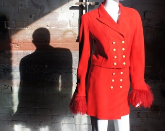 ESCADA Vintage 1990's Red Wool Skirt Suit with Mongolian Lamb Fur Cuffs & Gold Buttons, made in Germany
