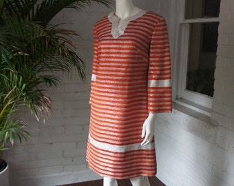 SPACE AGE Vintage 1960s Striped Oranger & Silver Metallic Brocade Tunic Dress with Bell Sleeves, by Global, Styled in Paris
