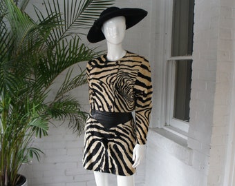 TIGER FAUX FUR Vintage 1960s Mod 2 Piece Skirt Suit with Leather Accents, Double Breasted Jacket & Pencil Mini Skirt