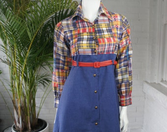 PATCHWORK PRINT Vintage 1970&#39;s Bell Sleeve Cotton Mini Dress
