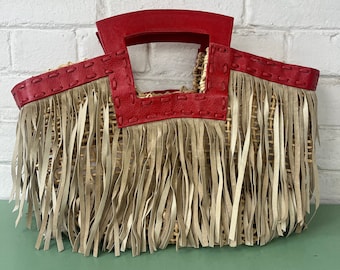 SERPUI MARIE Straw & Leather Fringe Tote Beach Bag Woven Basket Handbag