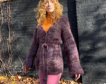 HANDKNIT MOHAIR Vintage 1970s Purple Coatigan / Cardigan / Belted Sweater Jacket with Bell Sleeves, Pockets