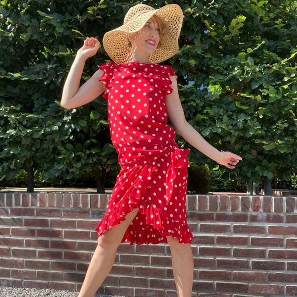 OSCAR de LA RENTA 1970er Jahre Retro Deco Ensemble Kleid Rot Seide Polka-Dot, Bluse mit tiefer Taille & Rüschen Wickelrock