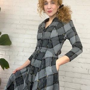 WINDOW PANE CHECK Vintage 1950s Cotton Flannel A Line Dress with Front Zip Closure, by Dede Johnson Originals, made in California image 1