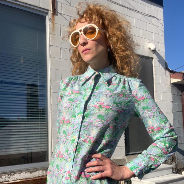 LANVIN Vintage 1970s Pastel Lotus Print Floral Silk Shirt Dress with Dagger Collar