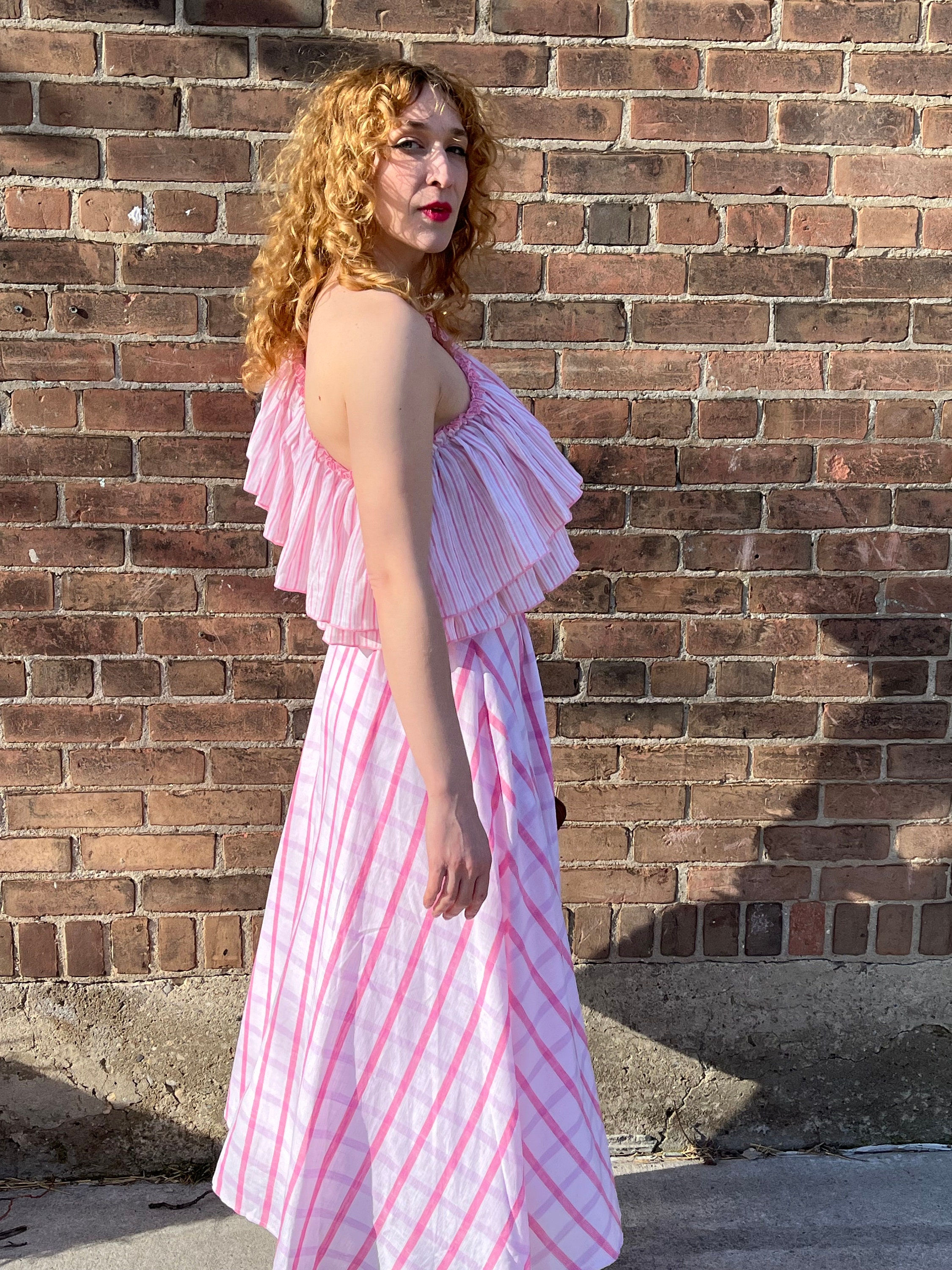 gul hurgel pink dress GL HRGEL Off-the-shoulder Ruffled Dress Pink Check Cotton Linen Maxi Dress
