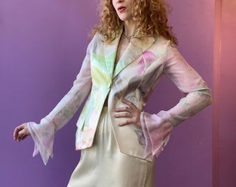 GIANFRANCO FERRÉ Watercolour Floral Silk Blazer with Sheer Chiffon Sleeves