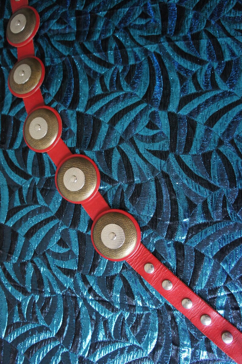 by Fiocchi Italy WARRIOR QUEEN Vintage 1980/'s Red Leather Statement Belt with Metal Plate Accents