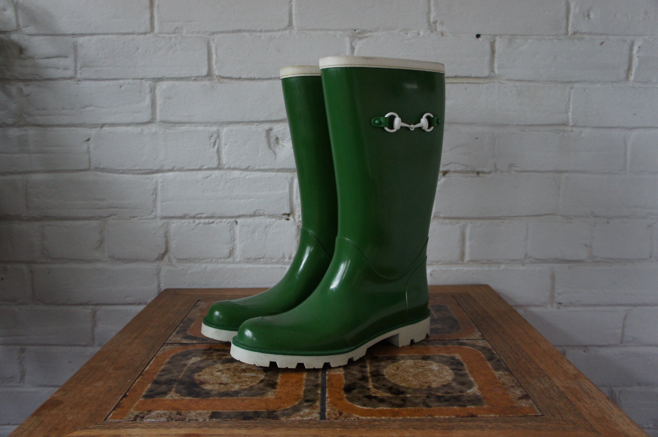 GUCCI Rain Boots Polished Green Rubber Wellies With Leather - Etsy