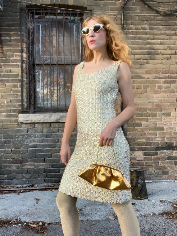 sequin dress 1960s 1960s Black and Gold Sequin Party Dress Miranda's Vintage Bridal
