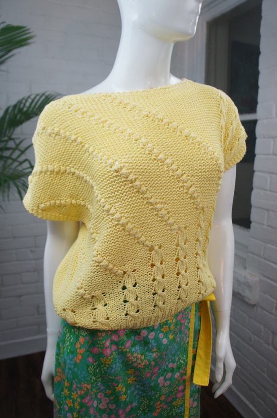 POPCORN KNIT Vintage 1970's Pastel Yellow Cotton C