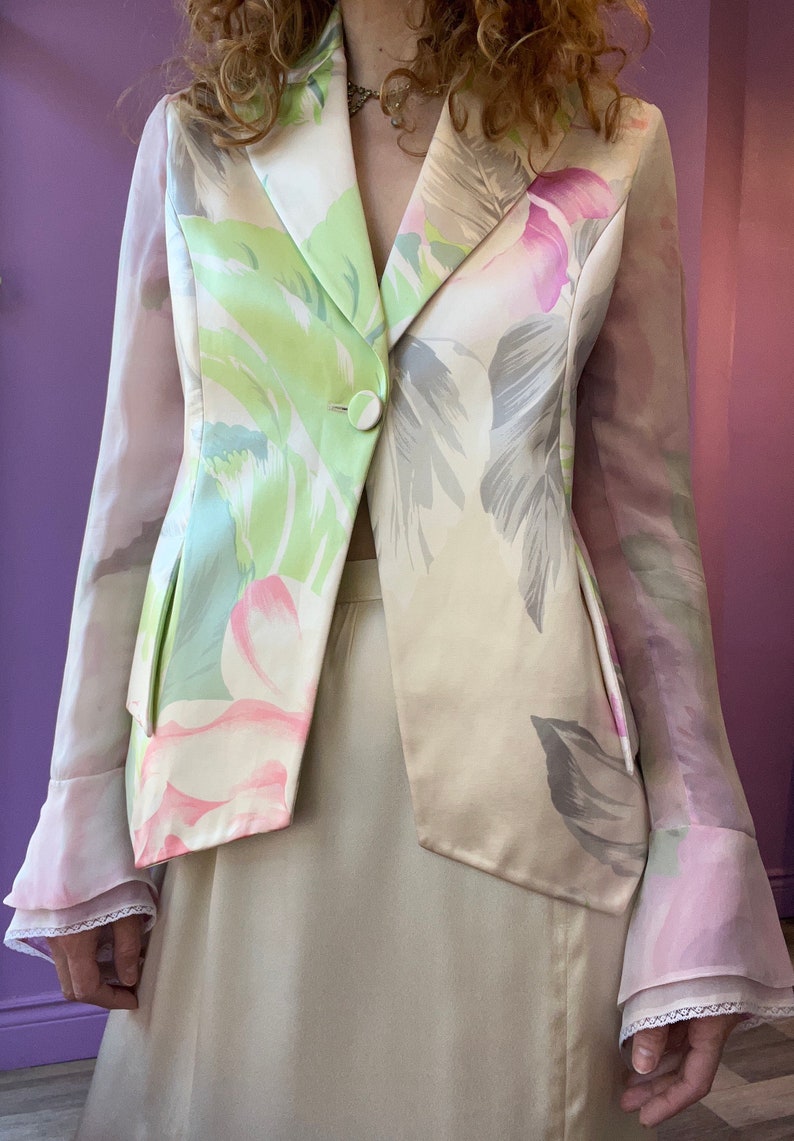 GIANFRANCO FERRÉ Watercolour Floral Silk Blazer with Sheer Chiffon Sleeves image 2