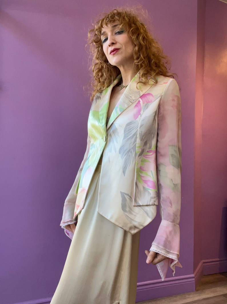 GIANFRANCO FERRÉ Watercolour Floral Silk Blazer with Sheer Chiffon Sleeves image 4