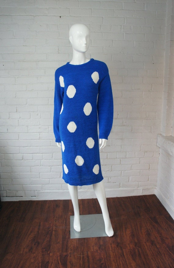 vintage 80s day dress blue white polka dot knit short sleeves knee length XL extra large
