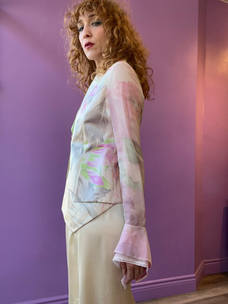 GIANFRANCO FERRÉ Watercolour Floral Silk Blazer with Sheer Chiffon Sleeves image 6