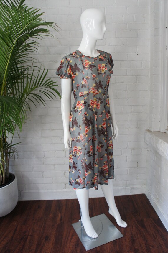 FLORAL CREPE CHIFFON Vintage 1930's Puff Sleeve Pr