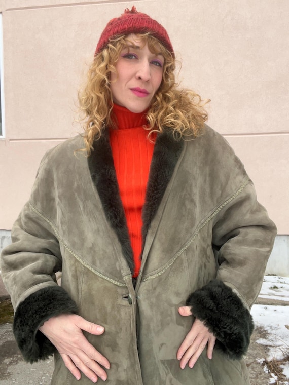 oversized green sheepskin coat