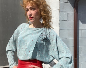 GIANNI VERSACE Vintage 1980s Robin's Egg Blue Silk Jacquard Wrap Blouse with Red Floral Embroidery