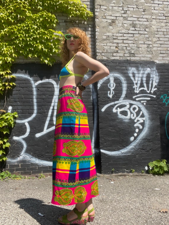 ELECTRIC PAISLEY CHECK Vintage 1960s Psychedelic Printed Maxi