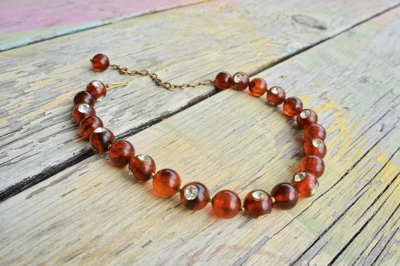 RHINESTONE ROOT BEER Vintage 1930/'s Beaded Bakelite Choker Necklace