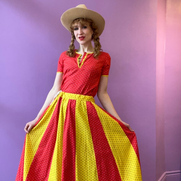 BANDANA ENSEMBLE DRESS Vintage 1960s 2 Piece Cotton Patchwork Skirt & Top Set