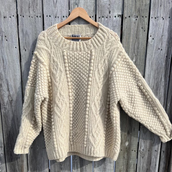 Cream Cable Knit Retro '87' Graphic Sweater
