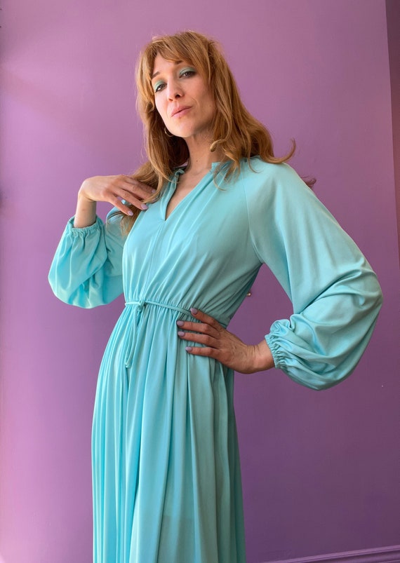 jersey balloon dress DONALD BROOKS Vintage 1970s Robin's Egg Blue Sleeve META TOE SHAPES OK