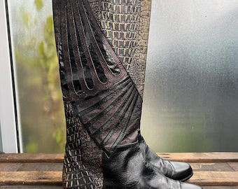 METALLIC REPTILE Vintage 1980s Embossed Leather Knee High Boots, by Gomez Riuas, made in Spain, size 8.5