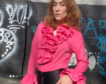PINK RUFFLES Vintage 1960s Hot Pink Ruffled Blouse, by Kay Silver