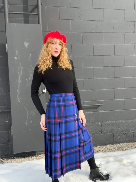 Vintage Gonna A Pieghe In Pelle Gonna Kilt Scozzese Blu, Rossa E