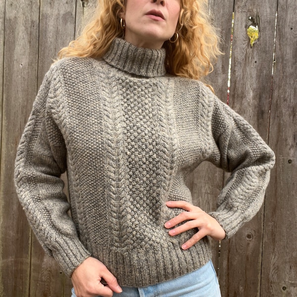 HANDKNIT VIRGIN WOOL Vintage 1990s Cable Knit Turtleneck Sweater in Natural Grey / Ecru Yarn, by North of New York