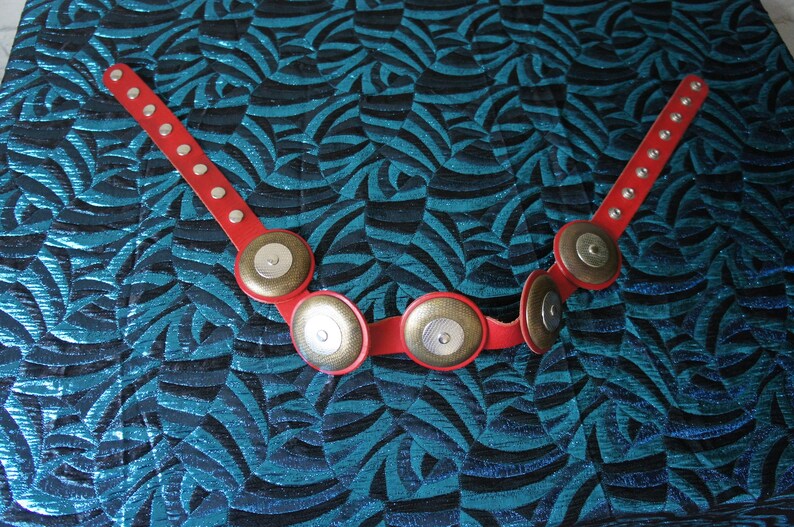 by Fiocchi Italy WARRIOR QUEEN Vintage 1980/'s Red Leather Statement Belt with Metal Plate Accents