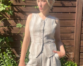 STRIPED LINEN SUIT Vintage 1990s 2 Piece Vest & Pants Set