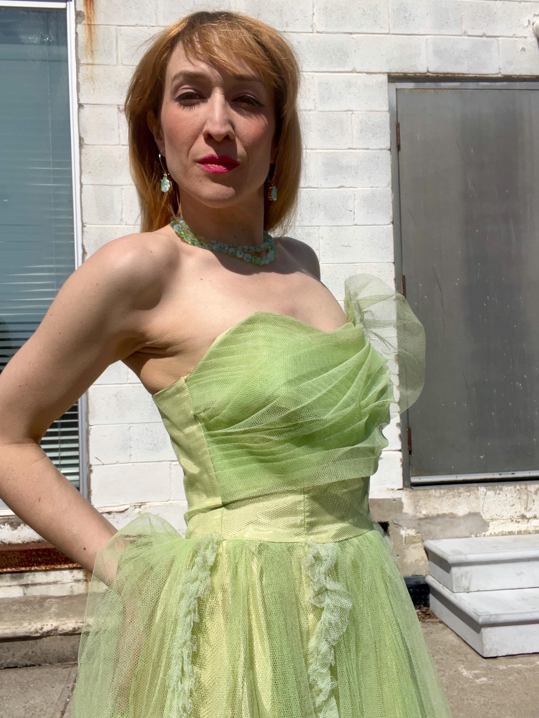 Tinkerbell Vintage 1950s Tea Green Tulle Strapless Prom Dress / Party Dress with Shortened Skirt