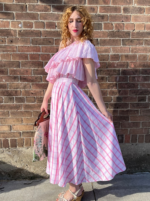 GUL HURGEL Off the shoulder Ruffled Dress Pink Check Cotton Linen Maxi Dress Etsy Canada