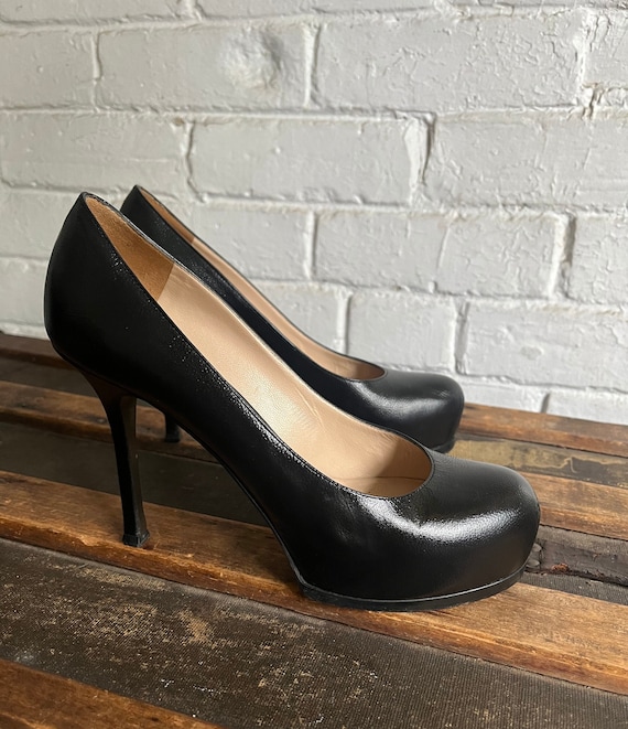 YVES SAINT LAURENT Black Leather Tribtoo Pumps, Stiletto Platform