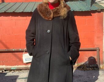 FELTED CASHMERE & MINK Vintage 1960s Black Cashmere Swing Coat with Fur Collar, Betty Rose for The Killian Company