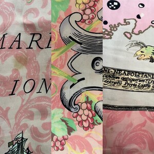 Pode incluir: Um tecido rosa e branco com um padr&atilde;o floral e as palavras "MARION" e "ION". O tecido tamb&eacute;m apresenta uma ilustra&ccedil;&atilde;o em preto e branco de um navio e uma videira com uvas.