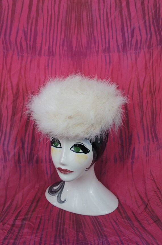 MARIBOU PILLBOX HAT Vintage 1950's White Feather C