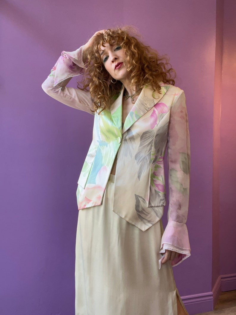 GIANFRANCO FERRÉ Watercolour Floral Silk Blazer with Sheer Chiffon Sleeves image 5