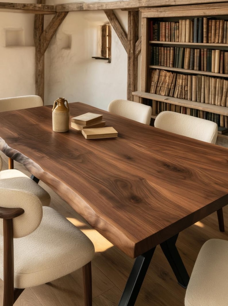 Tan Rustic Sofas Handmade Solid Walnut Live Edge Dining Table, Rustic Farmhouse ...