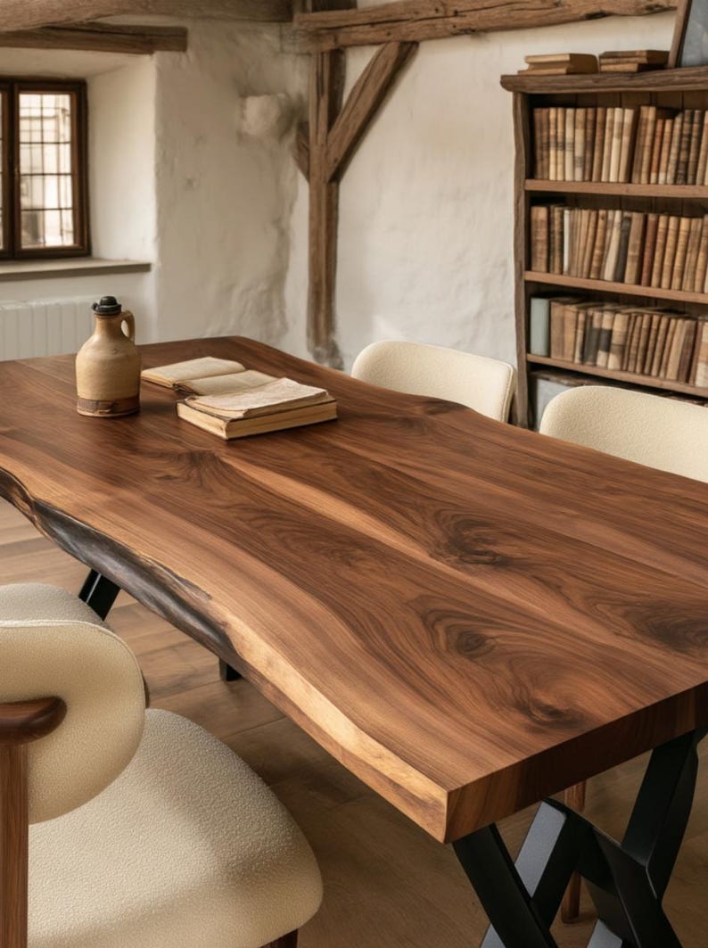 Tan Rustic Sofas Handmade Solid Walnut Live Edge Dining Table, Rustic Farmhouse ...